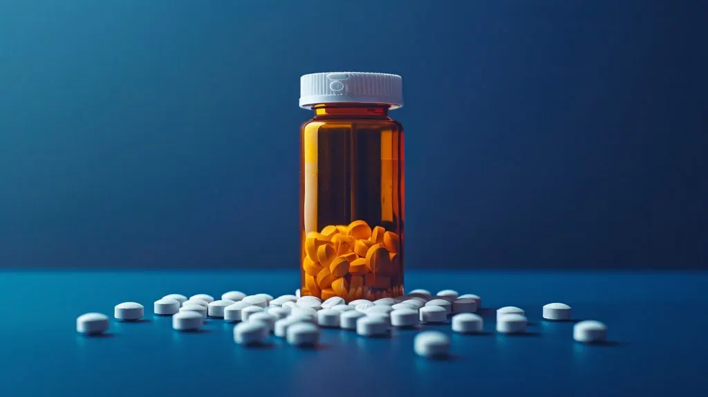 A prescription medication bottle with loose pills