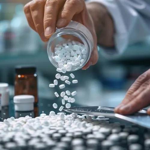 StockCake-Pharmacy Pill Dispensing_1724142431 Pharmacist dispensing prescription medication